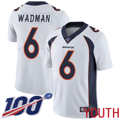 Youth Denver Broncos #6 Colby Wadman White Vapor Untouchable Limited Player 100th Season Football NFL Jersey